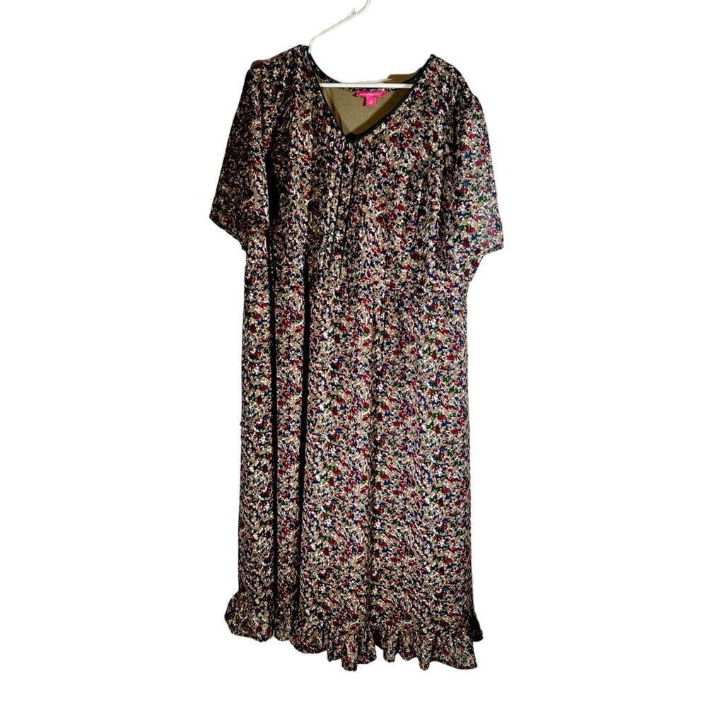 Woman Within Blue/Green/Tan Floral Tiered Boho Dress